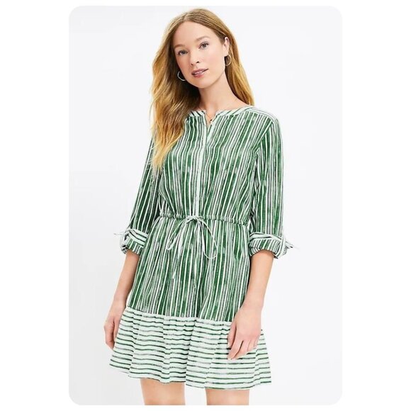 * LOFT Green Striped Tab Sleeve Button Flounce Dress sz L - Picture 1 of 6